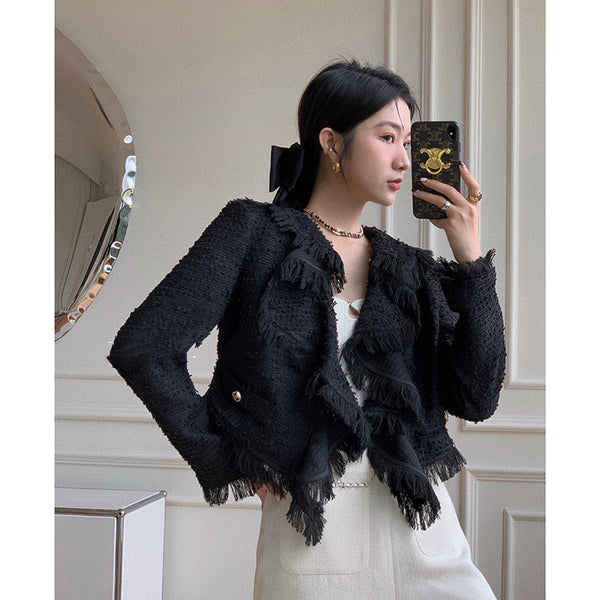 Abrigo Tweed Corto con Cuello Fruncido y Volantes