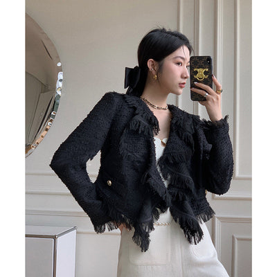 Abrigo Tweed Corto con Cuello Fruncido y Volantes