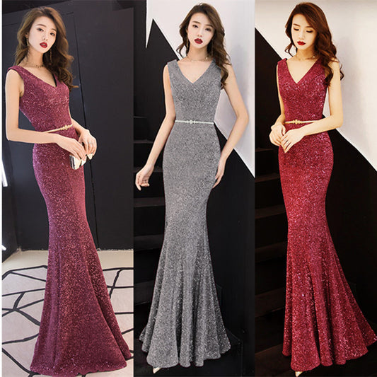 Vestido Largo Elegante de Cola de Pez con Temperamento Brillante para Dama