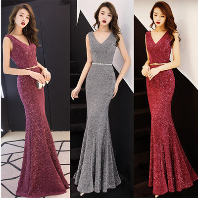 Vestido Largo Elegante de Cola de Pez con Temperamento Brillante para Dama