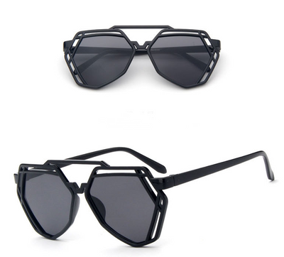Black geometric cut-out sunglasses with blue mirrored lenses, shown from front and side angles. - Image 5