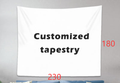 White customizable tapestry with "Customized tapestry" text, hanging on a gray wall above a blue sofa. - Image 7