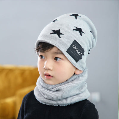 Brown knitted beanie with white five-pointed stars and a matching fleece-lined neck warmer on a man. - Image 12