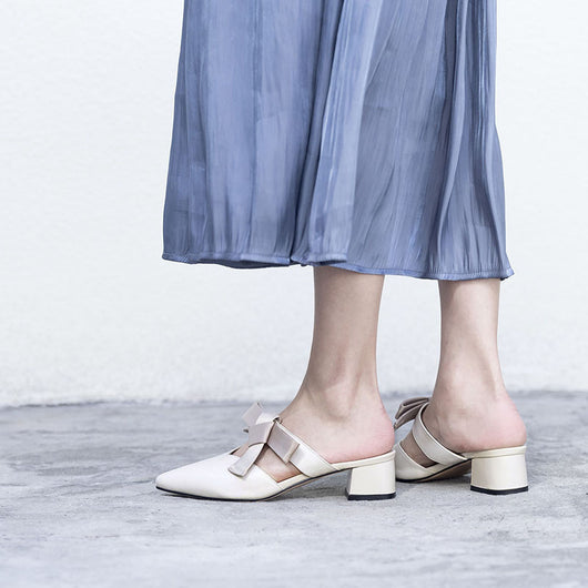 Pantuflas Tipo Mocasín con Moño y Tacón Grueso Punta Afilada para Mujer - Image 11