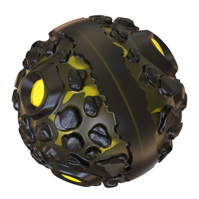 Black and yellow meteorite-shaped dog teether ball toy with textured surface and embedded yellow lights. - Image 4