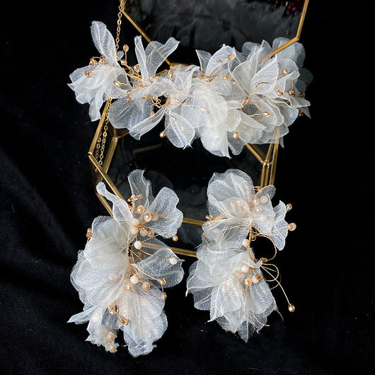 Conjunto de Diadema de Tul y Aretes con Flores para Mujer - Image 4