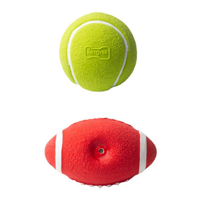 Lime green latex pet toy shaped like a tennis ball with white stripes and "EETOYSE" embossed on its surface. - Image 11