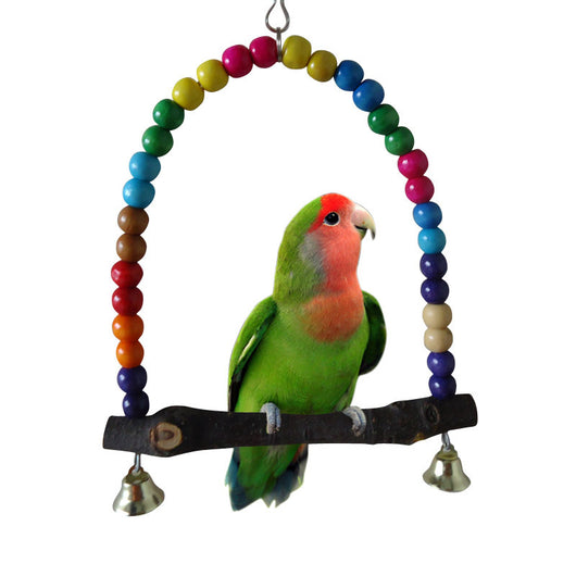 Blue and yellow macaw parrot on a colorful wooden bead swing with bells, designed for bird cages. - Image 5
