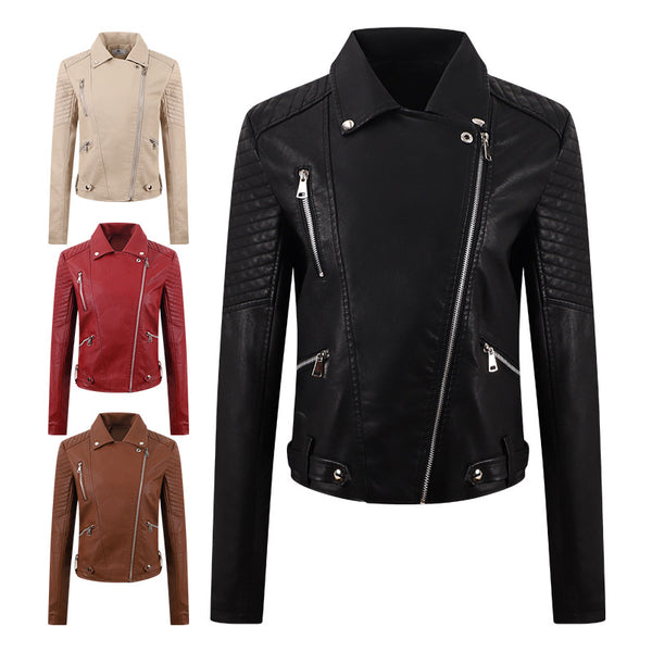 Chaqueta de Cuero PU para Motociclista Mujer - Ajuste Slim Lavado Vintage