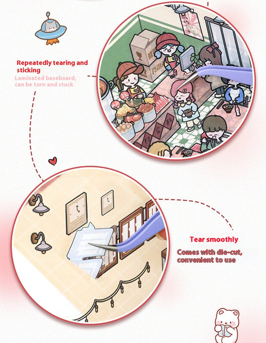Diy Notebook Decompression Stacking Miniature Sticker set featuring a cute cartoon hot pot shop scene with animal characters. - Image 40
