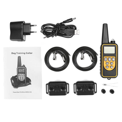 Three electric dog training collars in black, orange, and yellow with receivers, alongside a black and yellow remote control. - Image 33