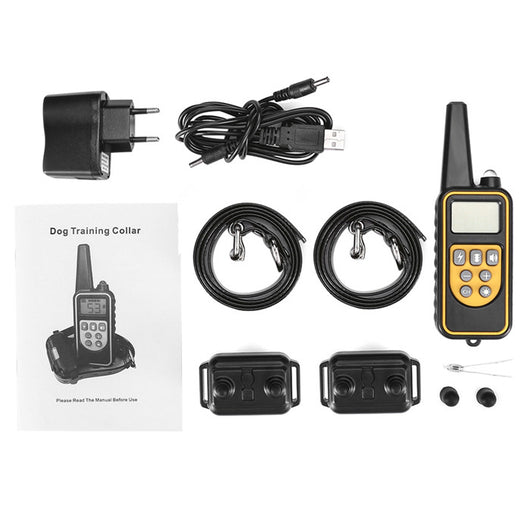 Three electric dog training collars in black, orange, and yellow with receivers, alongside a black and yellow remote control. - Image 13