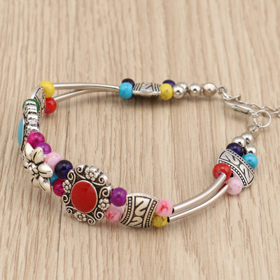 Pulsera de Plata Tibetana Tallada con Cuentas