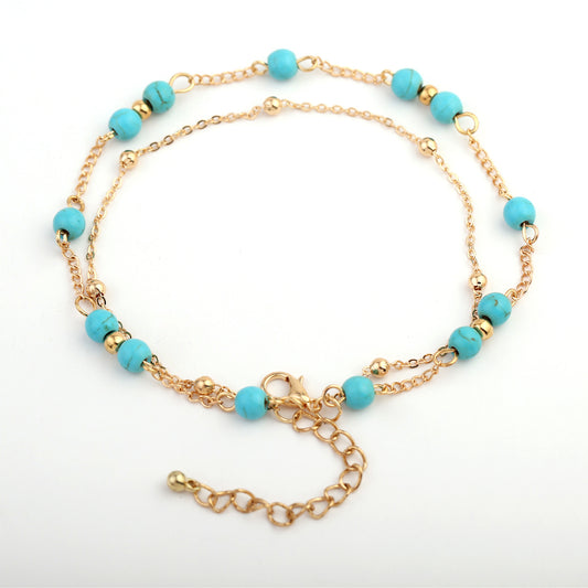 Pulsera Tobillera Doble Capa Turquesa Estilo Europeo