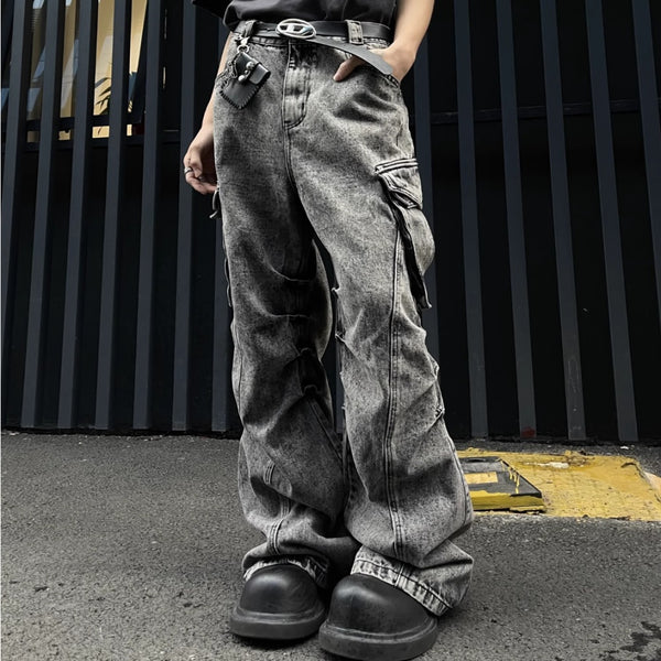 Pantalones de Trabajo Plisados Cintura Alta Pierna Ancha con Bolsillos