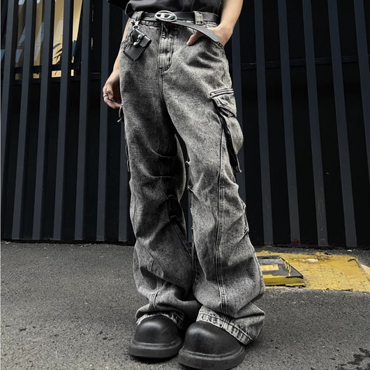 Pantalones de Trabajo Plisados Cintura Alta Pierna Ancha con Bolsillos
