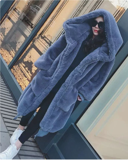 Abrigo Largo Acolchado con Capucha de Piel de Conejo Rex para Mujer - Image 12