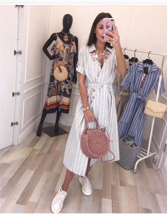 Vestido Escote V con Estampado de Rayas