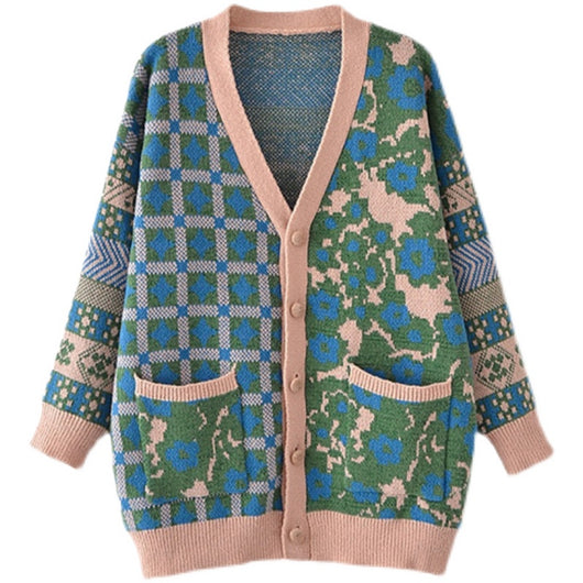 Suéter de Lana Tejido Jacquard Suelto para Mujer con Botón Simple - Image 8