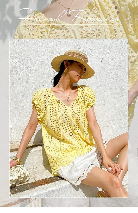 Blusa Bordada Estilo Vacacional Manga Corta Diseño Francés de Verano - Image 21