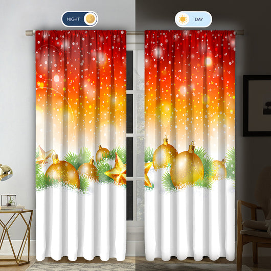 Pair of Christmas curtains with a 3D digital print of a snowy winter window scene, frosted trees, and snowflakes. - Image 42