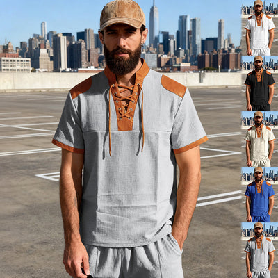 Camiseta Casual Hombre Estilo Medieval con Cuello Cordón - Image 32