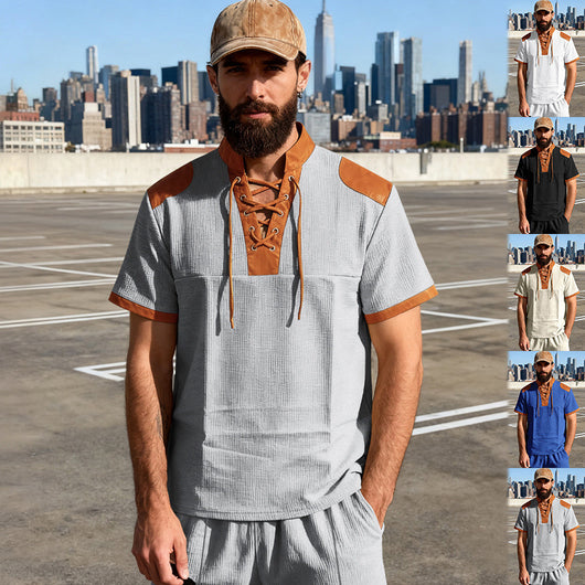 Camiseta Casual Hombre Estilo Medieval con Cuello Cordón - Image 32