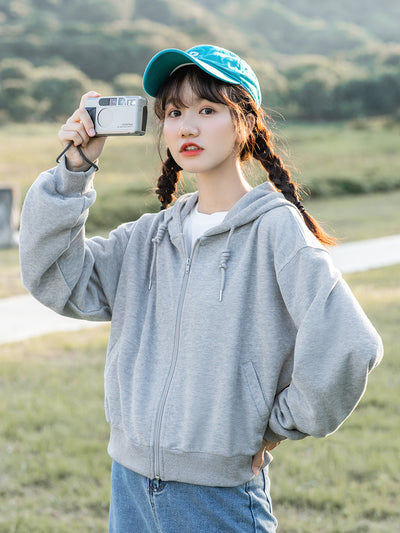Sudadera Gris Cropped con Capucha para Mujer