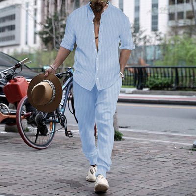 Pantalón y Camisa de Rayas con Cuello Hengli para Hombre - Image 20