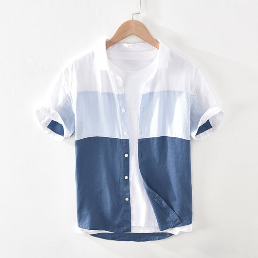Camisa de Lino Patchwork Manga Corta para Hombre - Image 10
