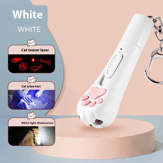 Pink cat paw pen light toy with red laser, UV light for urine detection, and white LED illumination, featuring a keychain. - Image 2