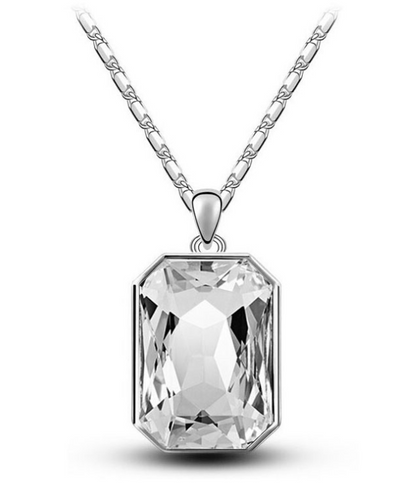 Teal rectangular crystal necklace and matching stud earrings set with silver-toned settings and chain. - Image 14