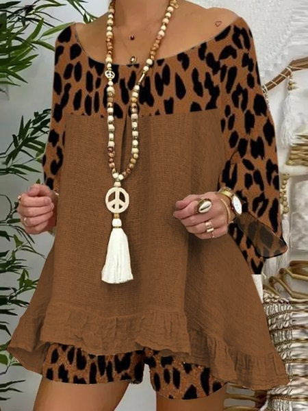 Traje Suelto Talla Grande con Estampado de Leopardo y Costuras Decorativas en Algodón y Lino - Image 16