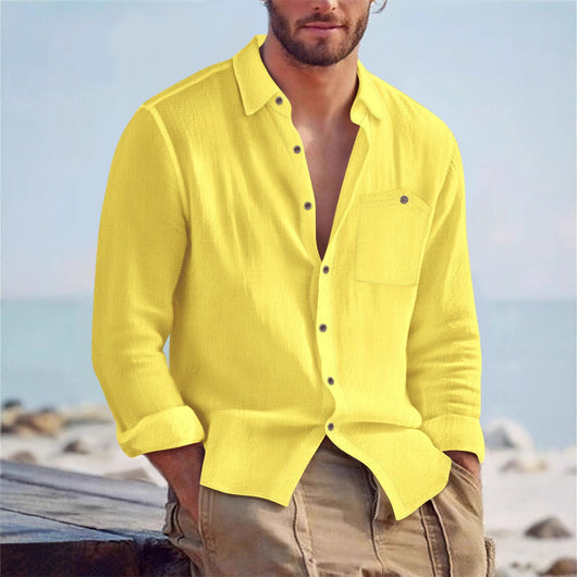 Camisa Cardigan Lino Hombre Fit Relajado Color Sólido - Image 9