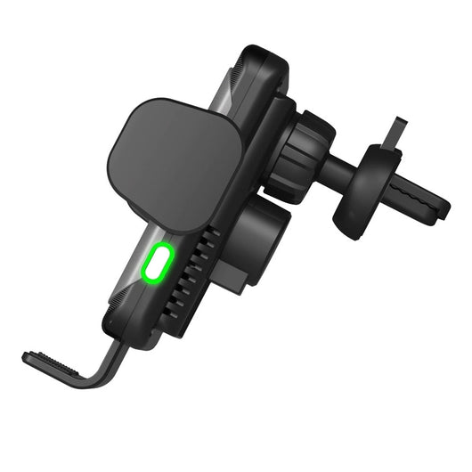 Grey and black 10W fast wireless car charger with automatic clamping arms and a vent mount, featuring a green indicator light. - Image 3