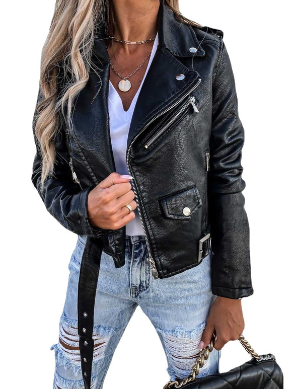 Chaqueta de Cuero PU con Cierre de Cremallera