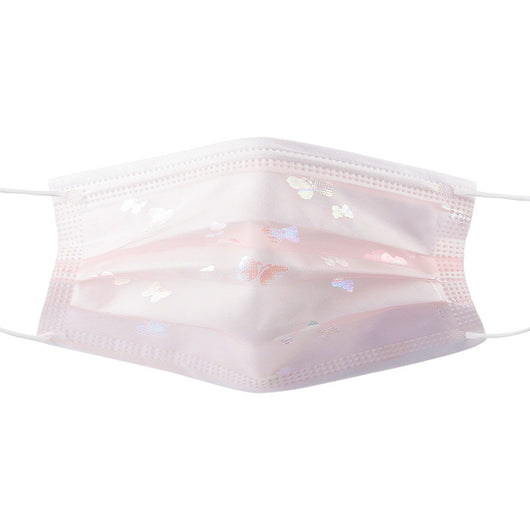 Light blue disposable face mask with iridescent butterfly patterns and white ear loops for dust protection. - Image 17