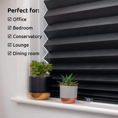 Gray pleated self-adhesive window shade with swatches for white, gray, and black color options. - Image 13