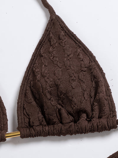 Dark brown textured bikini set with triangle bra top and tie-side bottoms, featuring a small gold metal accent. - Image 16