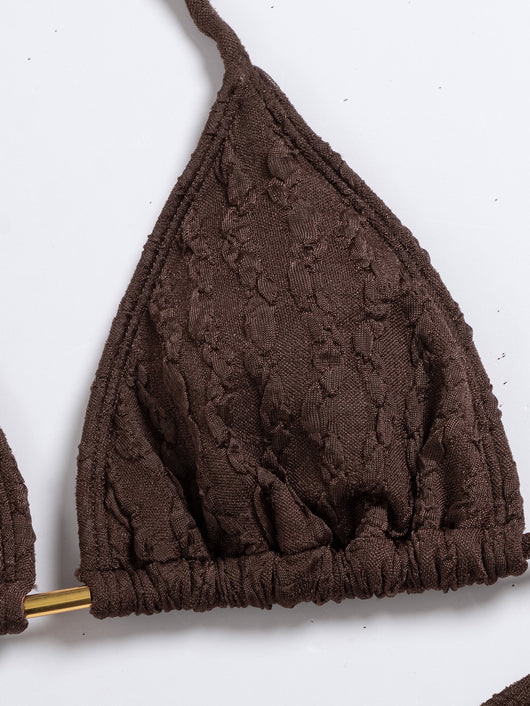 Dark brown textured bikini set with triangle bra top and tie-side bottoms, featuring a small gold metal accent. - Image 16