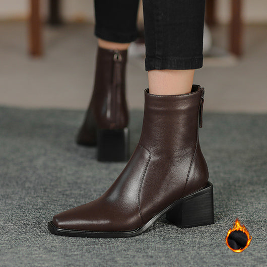 Botines de Cuero con Tacón Grueso y Punta Cuadrada para Mujer - Image 7