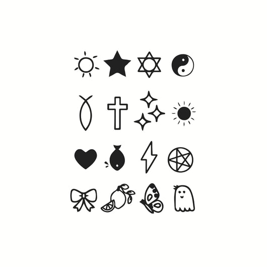 Sheet of 24 black outline doodle temporary tattoo stickers including a bow, heart, crown, sun, stars, and flowers. - Image 31