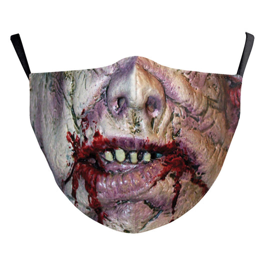 Halloween dust mask with a split design: one side a smiling clown face, the other a stitched, bloody mouth. - Image 4
