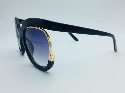 Black cat-eye half-frame sunglasses with gold accents and purple-grey gradient lenses, shown from front and side. - Image 3