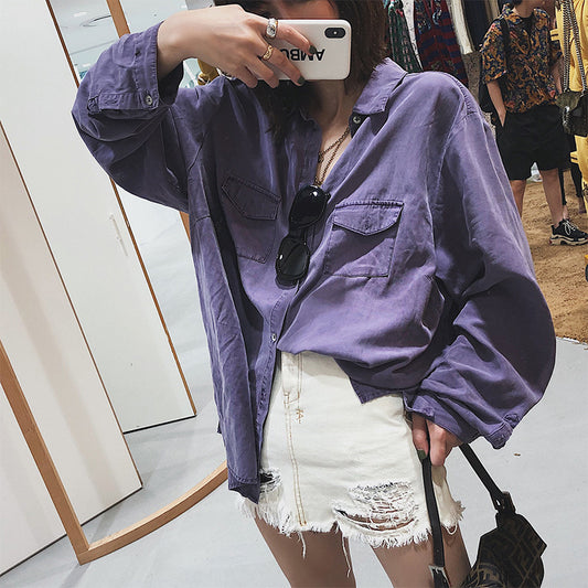 Blusa Larga Tencel a Rayas Morado - Camisa Suelta y Elegante para Otoño