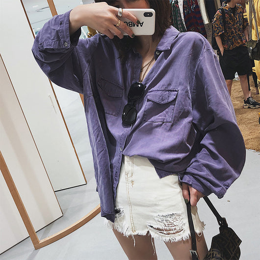 Blusa Larga Tencel a Rayas Morado - Camisa Suelta y Elegante para Otoño