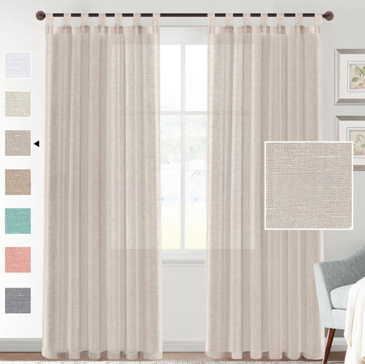 Light beige linen-look tab top curtains hanging on a dark rod, with a fabric swatch and color options. - Image 2