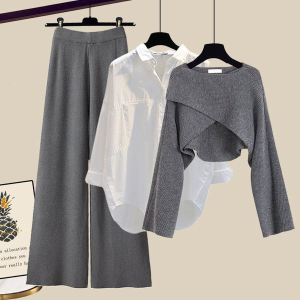Conjunto de Tres Piezas Otoño-Invierno: Suéter Tejido, Camisa y Pantalón Ancho para Mujer