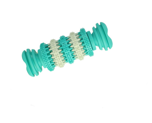 Two-tone teal and off-white dog molar toy with textured nubs and ridges, designed for chewing and dental health. - Image 4
