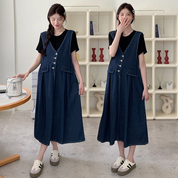 Conjunto de Dos Piezas: Falda Denim con Chaleco y Camiseta Base Talla Grande